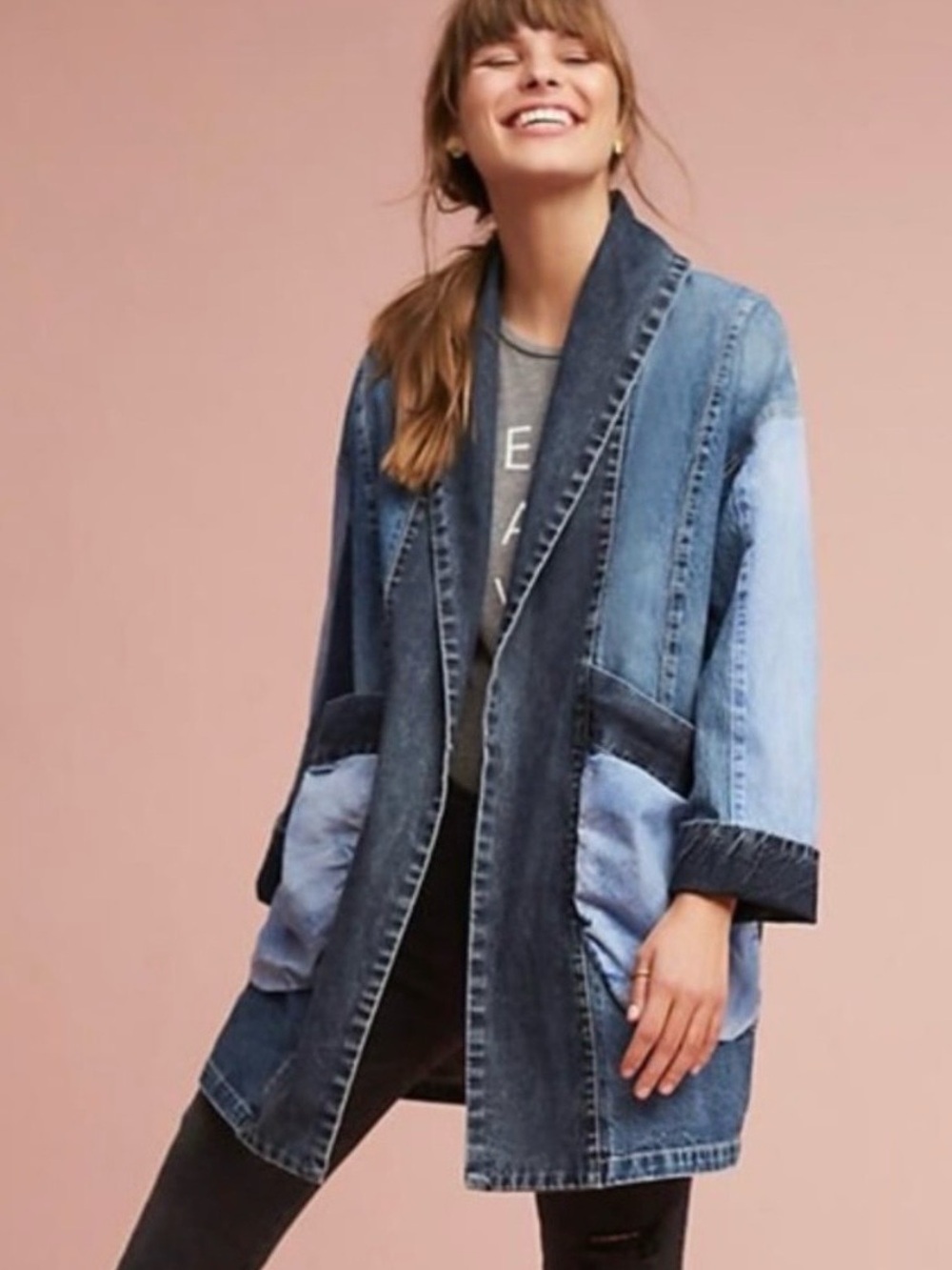 Pilcro Jadira denim jacket kimono open front tonal patchwork chore duster jacket